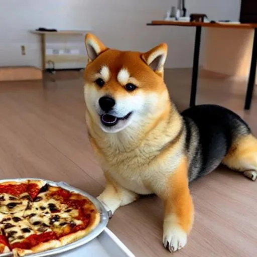 Prompt: fat shiba inu eating pizza