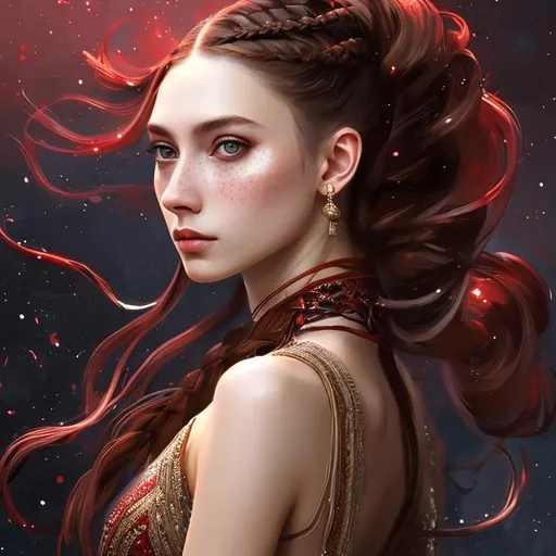 Prompt: skinny woman, brown eyes, noble style, pale skin, freckles, sad and depressed features, medieval braided hair, hair with braids, house baratheon, asoiaf, medieval character, red and black tudor dress, noble dress, expensive jewelry, night background, paint brush digital art, dark mood, messy and chaotic paint brush, style paintbrush, character portrait
