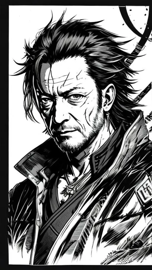 Prompt: (((Yoji Shinkawa))), sticker of ultra detailed portrait of Jason Isaacs as a samurai in black/silver. high quality cell shaded illustration in post apocalyptic style by Yoji Shinkawa, ((full body)), dynamic pose, perfect anatomy, centered, freedom, soul, silver long hair, approach to perfection, cell shading, 4k , cinematic dramatic atmosphere, watercolor painting, global illumination, detailed and intricate environment, artstation, concept art, fluid and sharp focus, volumetric lighting, cinematic lighting, Art by Yoji Shinkawa,