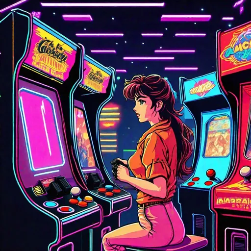 Prompt: A beautiful, award winning, woman is playing a video game in a retro arcade.
80s Anime style
