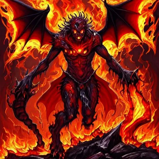 Prompt: Demonic force, flames, magma, volcano, bleeding, blood, animalistic, demonic, draconic