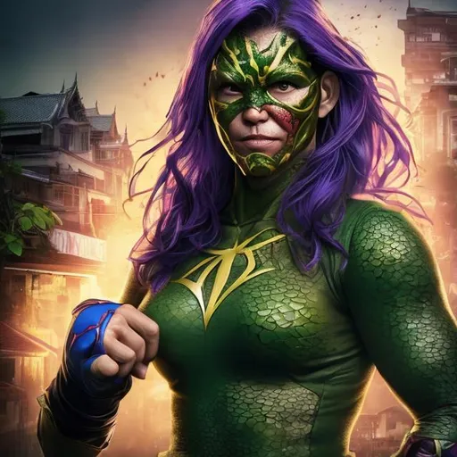 Prompt: one hybrid superhero character, Mix female  Muay thai and poisonous ivy
 , in realistic background of  bangkok , firm facial expression, long beard, detailed armor and cape, 4K, detailed facial expression, superhero, vibrant colors, intense gaze, advertisement-worthy, realistic, detailed illustration, professional, vibrant lighting
