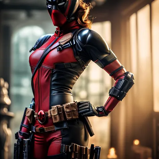 Prompt: Female sexy-deadpool, beautiful photograph of most beautiful fictional, extremely, detailed environment, detailed background, intricate, detailed skin, natural colors , professionally color graded, photorealism, 8k, moody lighting.