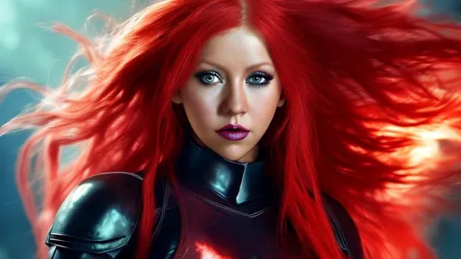 Prompt: Christina Aguilera as Mara jade, 23 years old, black crop top, black leather pants, details on her long red hair, full body shot, ultra realistic, photoshoot quality, UHD, HD, 100K, stunning visuals, atmospheric 