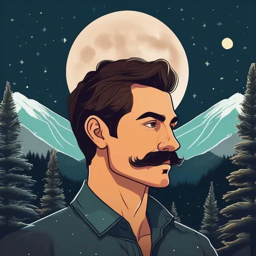 Prompt: A colourful and beautiful profile picture of a handsome brunette man with a mustach surrounded by Sitka Spruce trees, and framed by mountains, the moon and constilations