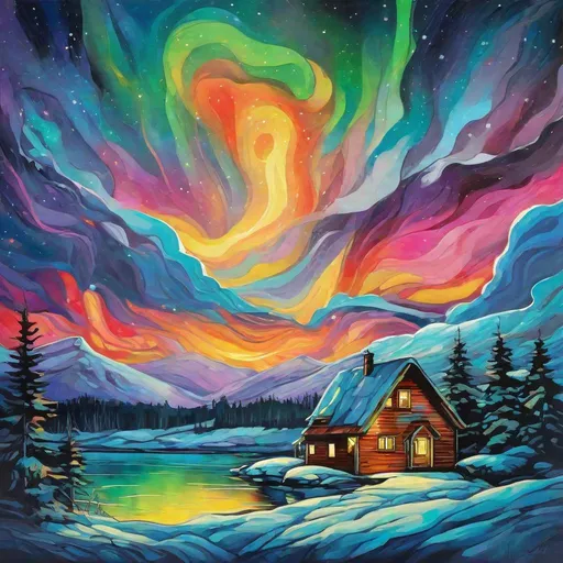 Prompt: landscape with northern lights, painting in the style of Kokoshka.