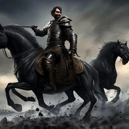 Prompt: A 33 year old man riding on a black horse with a scale in his hand. He brings economic crises to the world. Photorealistic.