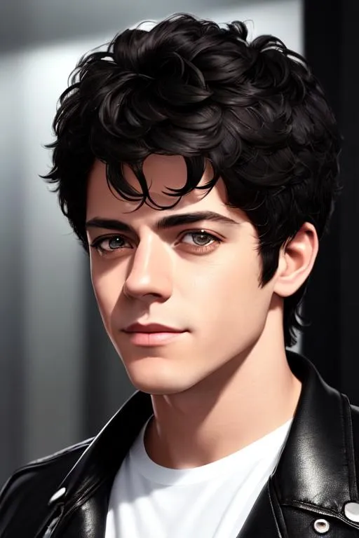 Prompt: high quality photorealistic portrait of man {lou reed} age of 21, black short hair, perfect detailed face, white skin, sleepy eyes, slightly smiling,, wearing white t-shirt and black leather jacket, Photoshoot, Portrait, Studio Lighting, Beautiful Lighting, Warm Color Palette, Melancholic, trending on Artstation, by {Jim Burns}  Octane Render, sharp focus, studio photo, intricate details, highly  detailed,  ultra detailed