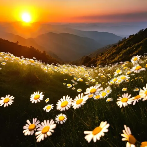 Prompt: 
a big field of daisies on a mountain during a beautiful sunset