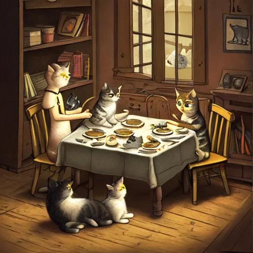 Prompt: Illustration of cats at a table, inside house, pie, dark, children's book