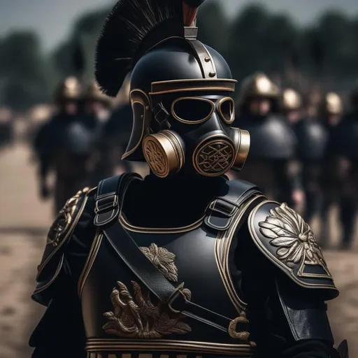 Prompt: A modern roman military male in black military armor galea helmet of roman armor, and gas mask, background D-DAY, Hyperrealistic, sharp focus, Professional, UHD, HDR, 8K, Render, electronic, dramatic, vivid, pressure, nervous vibe, loud, tension, dark, Epic