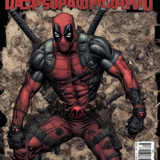 Prompt: Deadpool & Todd McFarlane spawn variant. muscular. dark gritty. Bloody. Hurt. Damaged. Accurate. realistic. evil eyes. Slow exposure. Detailed. Dirty. Dark and gritty. Post-apocalyptic. Shadows. Sinister. Intense. 