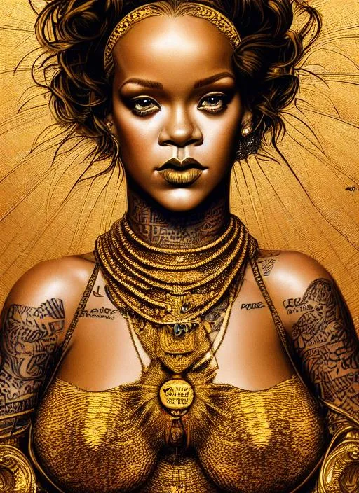 Prompt: Portrait of Rihanna as God with gold hair, full body,  and with cute face, near heaven, perfect composition, hyperrealistic, super detailed, 8k, high quality, trending art, trending on artstation, sharp focus, studio photo, symmetrical, intricate details, highly detailed, by kehinde wiley