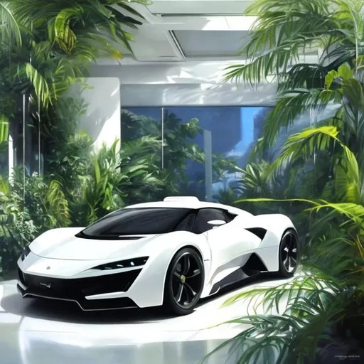 Prompt: White futuristic car  with lot of plants hiper-realistic oil paint         