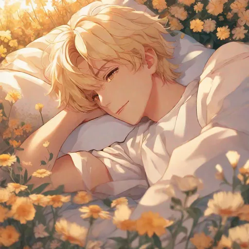 Prompt: close up shot, anime, boy, lying in a bed of flowers, headshot, deliriously happy, golden hour, dreamy filter, blond