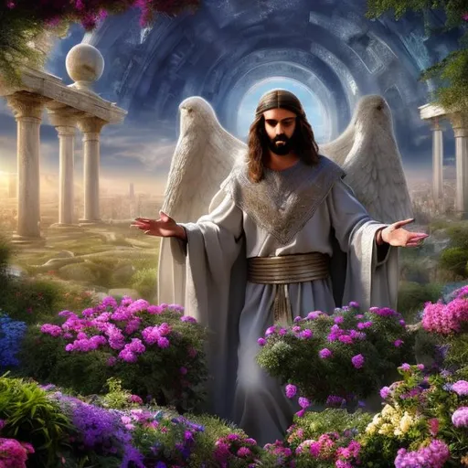 Prompt: Son Of God Yeshua in Heaven, Detailed, beautiful Gardens, futuristic colossal mansions, organic, Epic, Dramatic, 16k, UHD, HDR,(Masterpiece:1.5), (best quality:1.5)