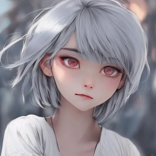Prompt: a girl with silver hair,her likes the long wolf cut style , her red eyes