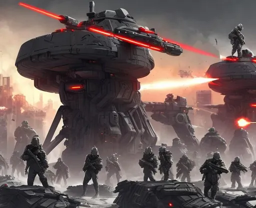 Prompt: Futuristic Soldiers invading a city, futuristic soldiers with laser guns, futuristic aerial vehicles providing air support, futuristic battle, view from the ground, dead soldiers, fire, destruction