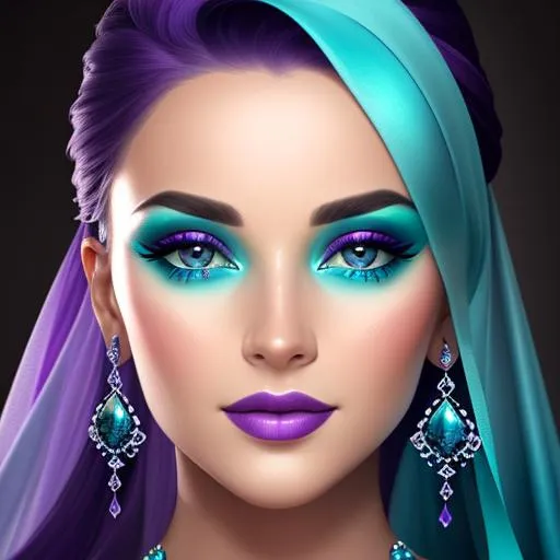 Prompt: Beautiful ethereal beauty,  color scheme of  aqua and purple, facial closeup