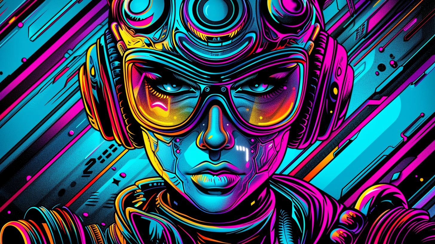 Prompt: Design a vibrant portrait of a futuristic animated character, emphasizing neon color contrasts, detailed facial features, and unique accessories. Incorporate a mysterious alphanumeric code somewhere in the image. --ar 16:9 --style raw --sref https://s.mj.run/E3Fjwe4kQmA