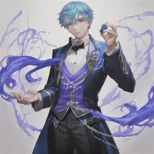 Prompt: Young man with a magic orbe in hes hands with blue hairs