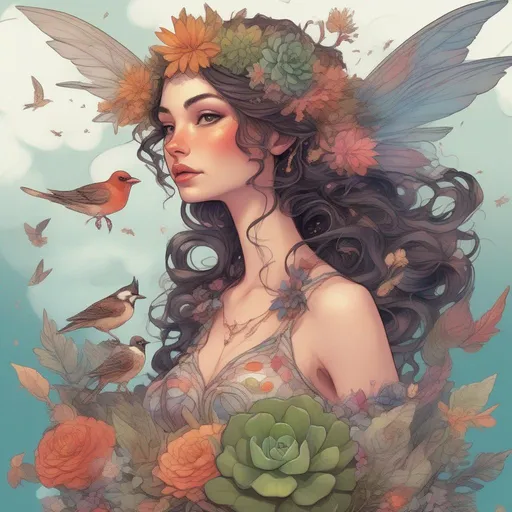 Prompt: A colourful and beautiful head to toe Persephone as a fairy with fairy wings; with succulent, feathers and gems in her brunette hair. In a beautiful flowing dress made of plants. Surrounded by birds and clouds, in a painted style in a marvel comics style