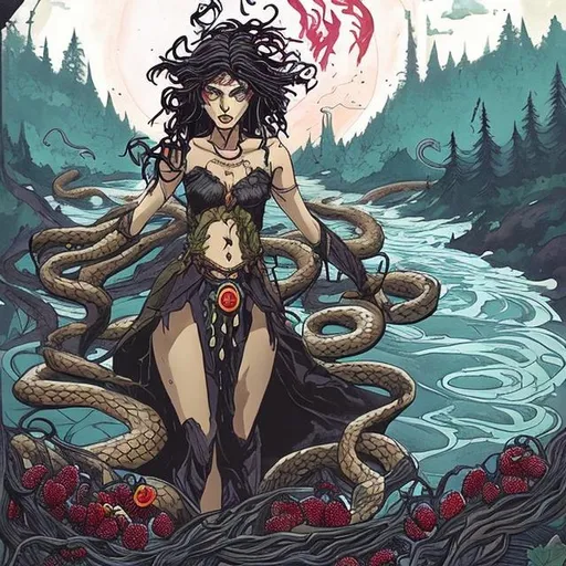 Prompt: A powerful river witch standing tall with all four elements, snakes, crows, and berries. She is thin and beautiful and the sun is shining.