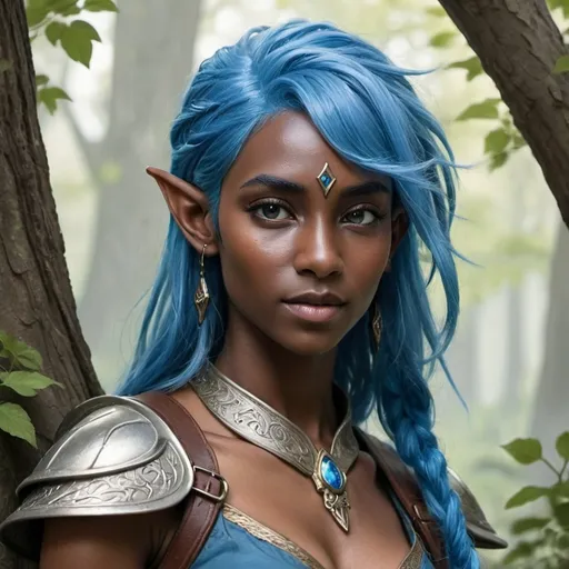 Prompt: Elven adventurer  with blue hair and dark skin
