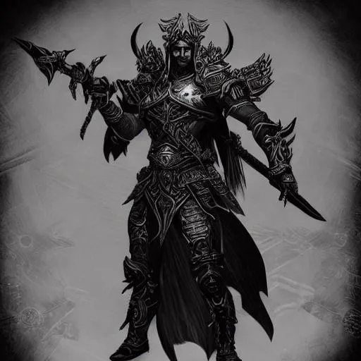 Prompt: A male warrior at night in intricate black colored armor in the art style of diablo with clearly defined features and weapons