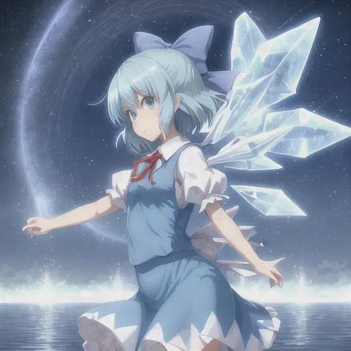 Prompt: Cirno, Touhou, Ice fairy, lake background, flying, 4k, ultra hd, good drawing, waifu, well done drawing, so good, epic, 2.