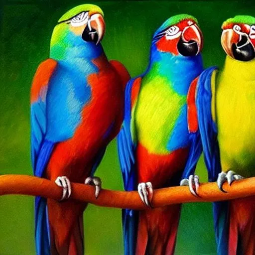 Prompt:  three parrots of hyperrealistic colors oil on canvas, a lot of texture