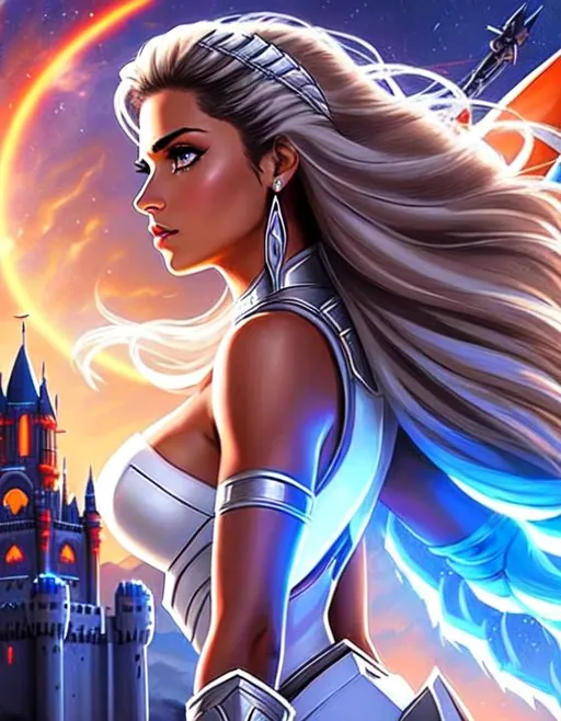 Prompt: movie poster Naomi Scott as She-ra infront of Castle Greyskull, white mech armour, bangs, brown hair, brown eyes, ethereal, jewelry set balayage wild hair, spaceship in background, dragons flying in background, , war, castles on fire, royal vibe, highly detailed face, digital painting, Trending on artstation , HD quality, tan skin, Big Eyes,artgerm, by Ilya Kuvshinov 