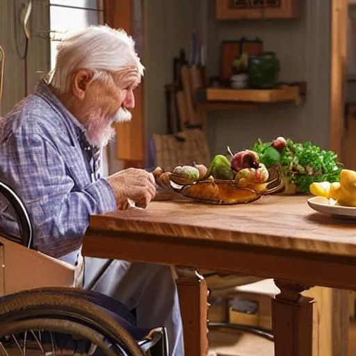 Prompt: live action stardew valley grandpa elderly man sitting in wheelchair at the kitchen table eating a sliced parsnip for breakfast. grandpa's face is wrinkled, tired, old. it's a homey kitchen where they've lived their entire lives in a happy town. soft lighting, photorealistic, cinema, very cozy