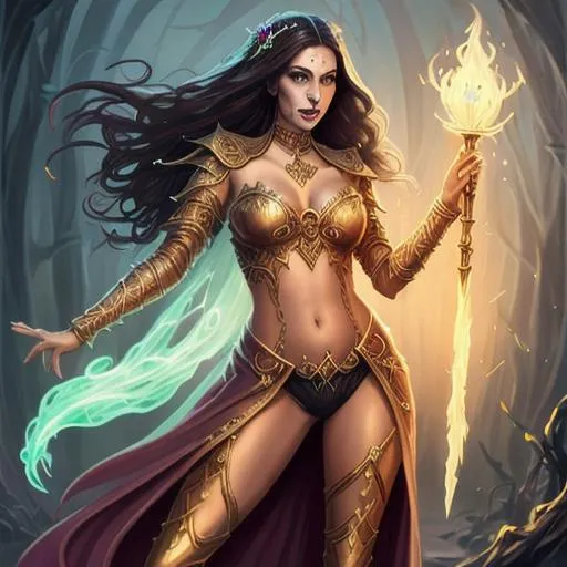 Prompt: Full body splash art portrait of a beautiful female undead sorceress casting a spell, skull nose, very long honey brown hair, wearing long light-colored floaty iridescent pearlescent robe, carrying a wooden staff, D&D, fantasy, intricate, beautiful, elegant, highly detailed, sharp focus, digital painting, artstation, concept art, 4k, 8k