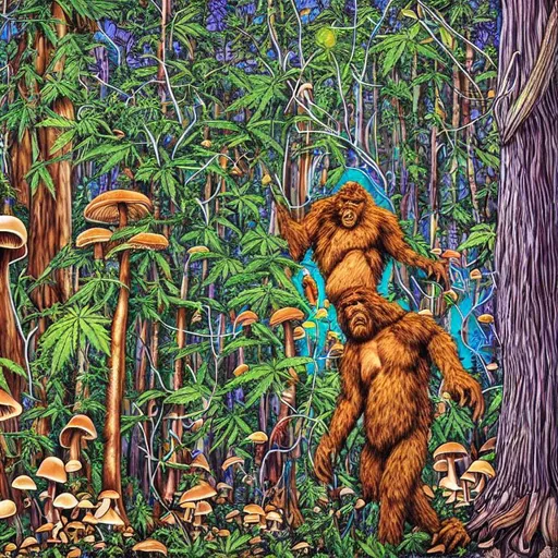 Prompt: Bigfoot surrounded by mushrooms, marijuana plants, lightning bolts and redwood trees in visionary art style