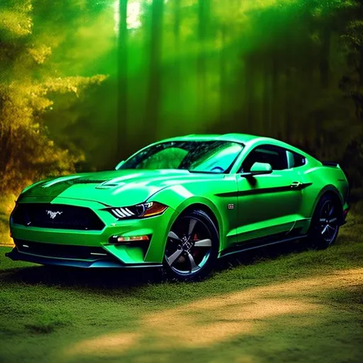 Prompt: A man, car like mustang, background adventures,forest,messy hair,good bulk physic, green fluor acid decoration