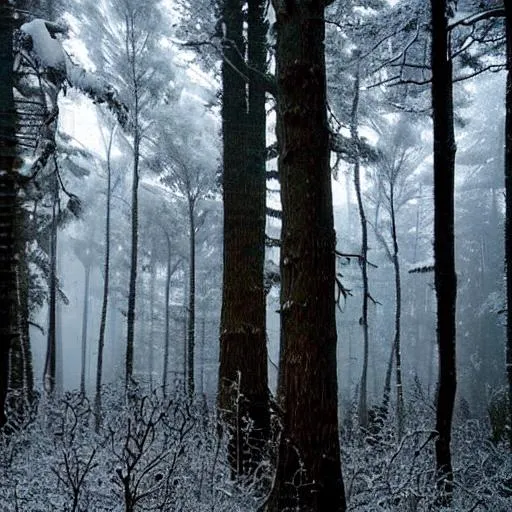 Prompt: a creepy snowy forest