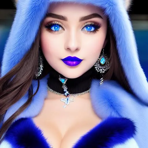 Prompt: Selena Gomez, soldier, blue lipstick, snowy beach, blue heart necklaces, Thick blue fur coat, Black Cape, pleasant face, blue eyes, Black-purple eyeshadow, long ice earrings. Cold color scheme, ultradetailed, 8k resolution, perfect, smooth, high quality, shiny. 