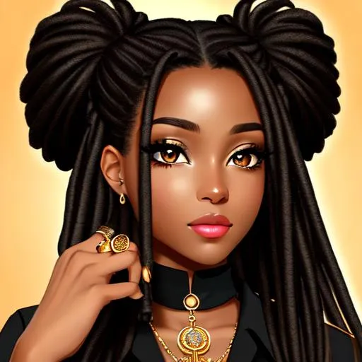 Prompt: Beautiful female, black skin, brown eyes, large doe eyes, bright eyes, black dreadlocks, long black hair, ring accessory in hair, collared gold shirt