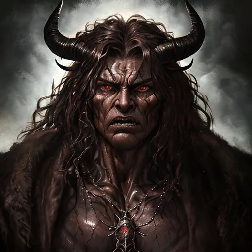 Prompt: Muscular giant, realistic oil painting, intense expression, detailed muscles, dramatic lighting, dark and earthy tones, high quality, realistic, intense, dramatic lighting, detailed muscles, two horns, glowing eyes, sharp teeth, rough skin, bulging veins, powerful, earthy colors, realistic oil painting, intense expression