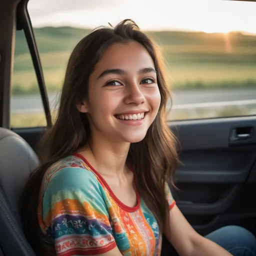 Prompt: A young woman with long, dark hair smiles warmly as she sits inside a vehicle. The background reveals a glimpse of an open window, hinting at a scenic view outside, with soft, diffused daylight suggesting an early evening or late afternoon setting. She wears a colorful, patterned top adorned with vibrant motifs that contrast beautifully with her fair complexion, accentuating her cheerful expression. The focus is primarily on her face, capturing a moment of casual serenity, where the blend of natural light and her soft smile creates an inviting and friendly atmosphere.