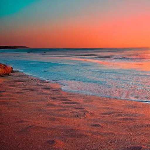 Prompt: beautiful landscape, beach, evening, teal, orange and peach tone, sea, animated