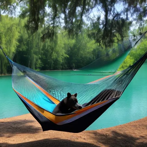 Prompt: a black bear with a large fish laying in a hammock beside a river