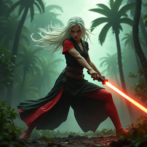 Prompt: Clad in a sleek, short-sleeved outfit of flowing black and red robes that highlights her athletic frame as it flows, a young woman stands poised in a dramatic battle pose in a landscape, wielding a glowing orange lightsaber in one hand, she reaches out with the other hand forward with a clenched fist. Her white hair is flowing, accentuating her fierce expression as she prepares for battle against the backdrop of a wet dark rain forest with tropical plants and palm trees that tower ominously. The atmosphere is charged, with swirling clouds and a green haze in the distance, casting a dramatic glow that enhances the tension of the scene. Overall, the image conveys a sense of empowerment and urgency, blending elements of fantasy and adventure as the figure exudes confidence in an otherworldly setting.