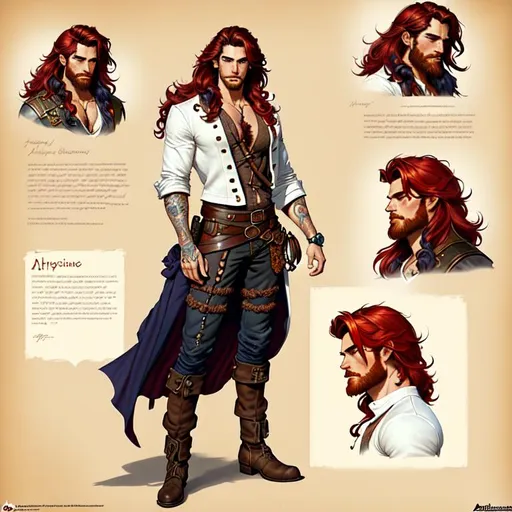 Prompt: portrait of a young ruggedly handsome but charming pirate, male, masculine, upper body, red hair, long hair, d & d, fantasy, full lips, intricate, elegant, highly detailed, digital painting, artstation, concept art, matte, sharp focus, illustration, art by artgerm and greg rutkowski and alphonse mucha