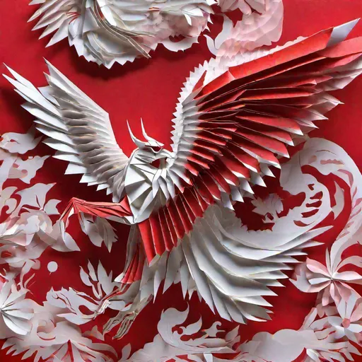 Prompt: origami, folded paper, (multicolored paper), ((Indonesian garuda looking to right)), (colorful), intricate detail, close up, active, extreme detail, mesmerising, masterpiece, background red and white
