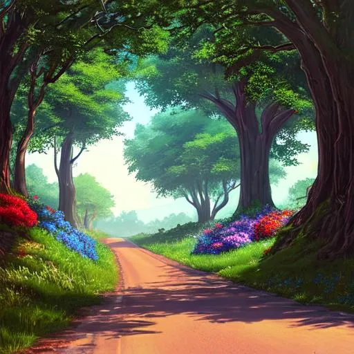 Prompt: Rising sun. Att the end of the road there is a portal to another world. Trees, shrubs, grass and flowers along the road.