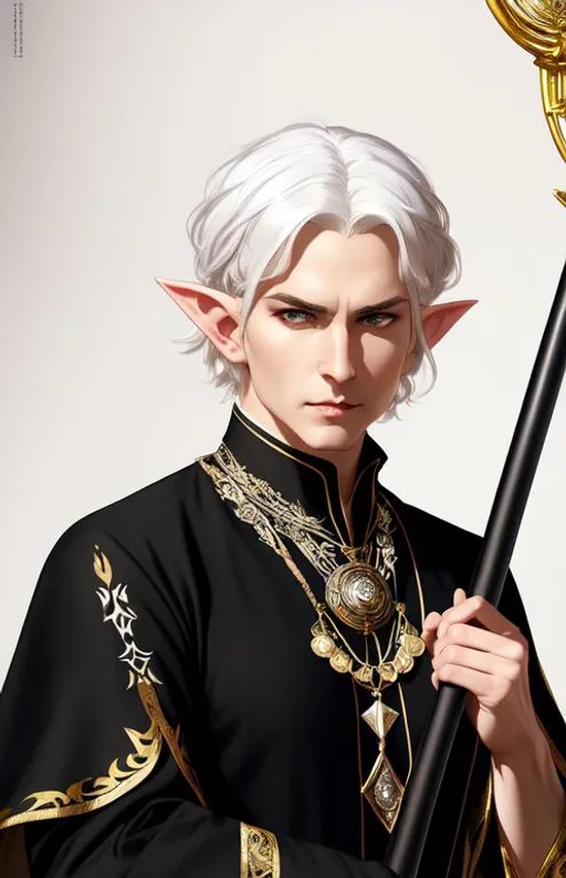 Prompt: a white hair man elf, short hair, black clothes, angry look,  no beard, beautiful intricate exquisite imaginative exciting,  polish folklore , rich clothes, medival , full pose, sitting with relaxed pose holding a staff, high quality face details, by ruan jia, by alphonse mucha, by krenz cushart, by Julie Bell, by Gerald Brom,  beautiful village at night in the background, wonderful night, fantasy, shadows,  vray render, artstation, deviantart, pinterest, 5 0 0 px models, high resolution 
