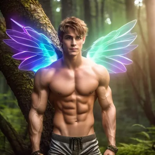 Prompt: muscular hunky young fey with prismatic  wings  flying in the woods