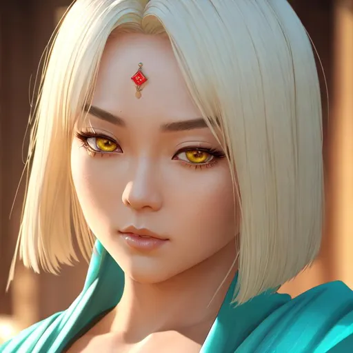 Prompt: Girl, short platinum blonde hair, yellow eyes, big red circle dot on forehead, cinematic shot, monk, turquoise clothes, detailed face, detailed eyes, serious expression, ultra detailed asian inspired accessories, kung fu pose, dnd

((sunshine, very strong sunlight on face, cinematic lighting, volumetric lighting, beautiful shading, head light, back light, natural light, ray tracing, symmetrical)), (((masterpiece, professional, professional illustration))), Fantasy style,

UDR, HDR, 64k, beautiful, stunning, masterpiece